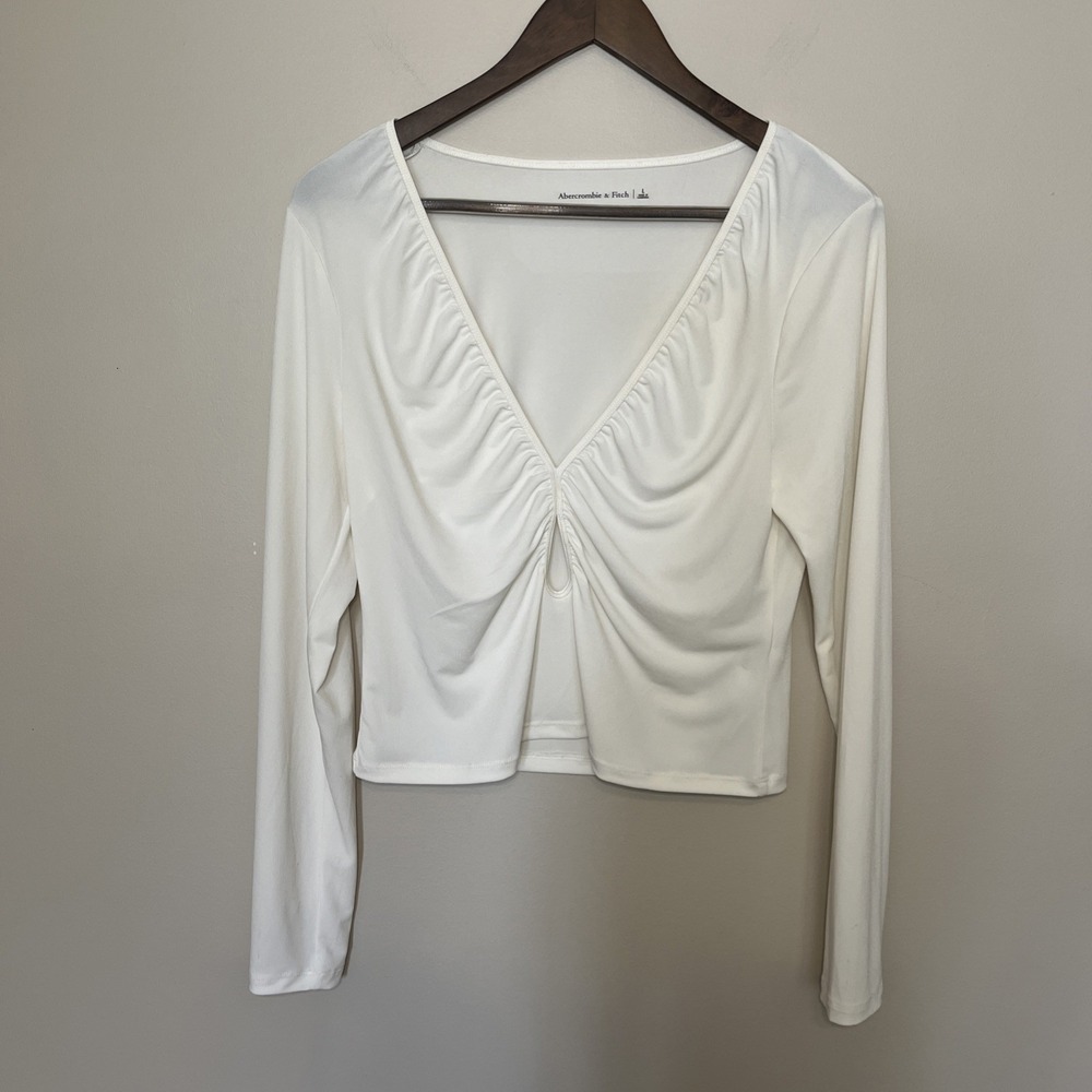 Abercrombie & Fitch Long Sleeve Ivory Top Deep V Neck Ruched Cutout Y2K Sz Large